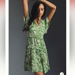 NWT Anthropologie Robin Tiered Mini Dress :: green & white